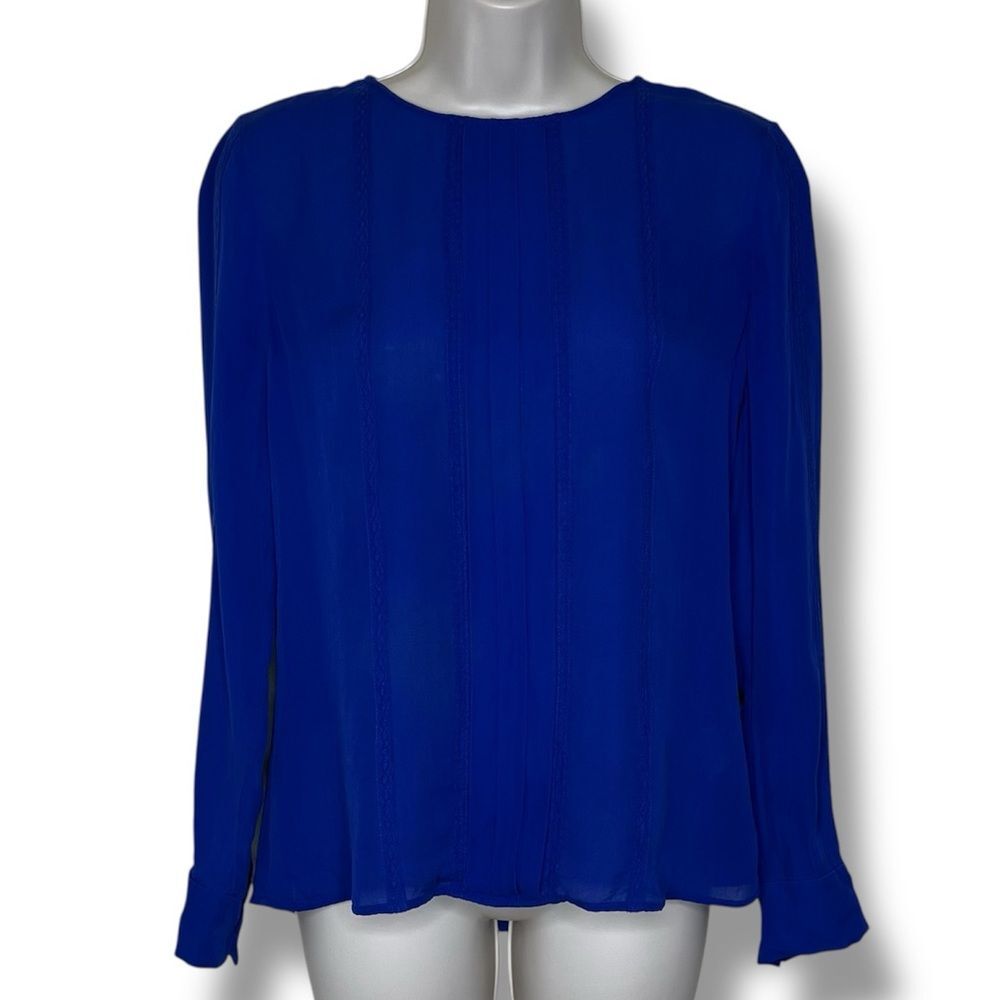 J Crew 100% Silk Cobalt Blue Button Back Long Sleeve Lace Trim Blouse Women 2